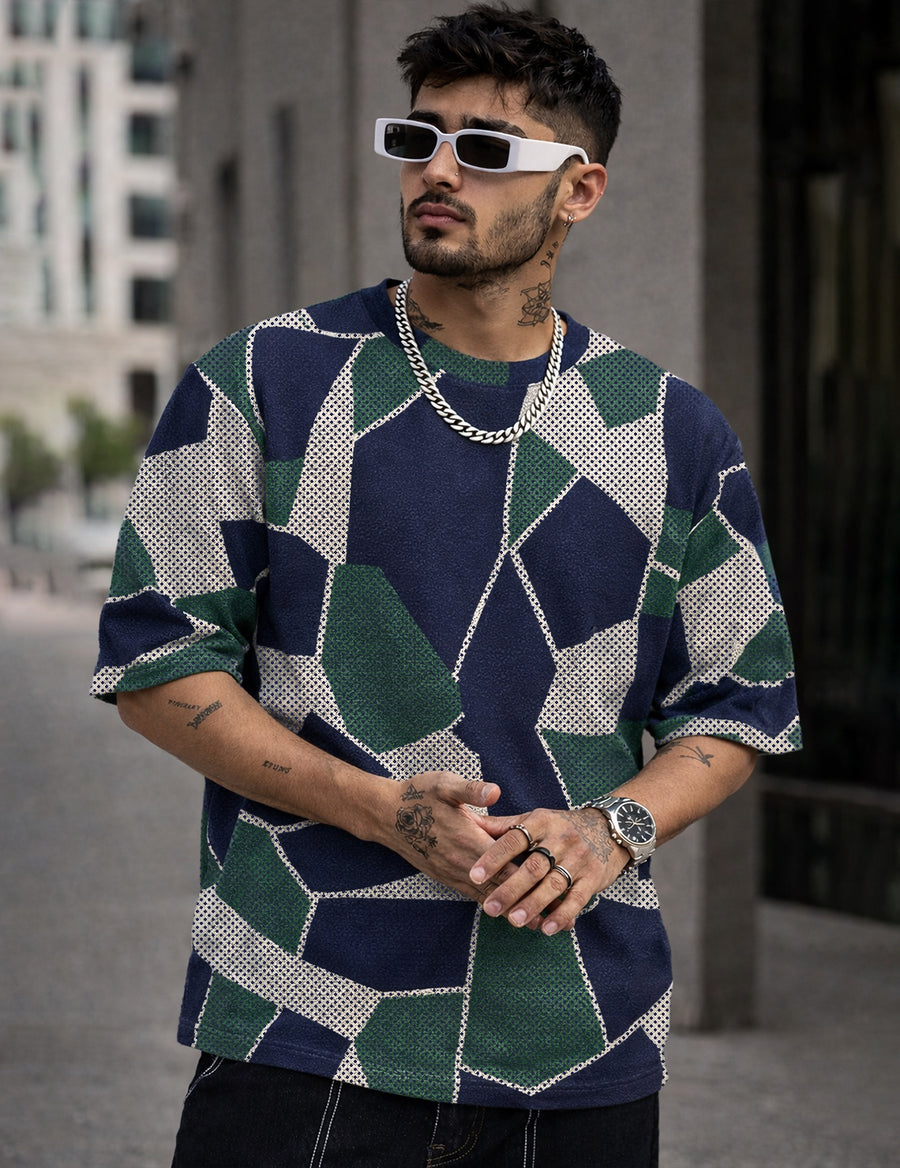 Force Self Design Men Round Neck Green, Multicolor T-Shirt