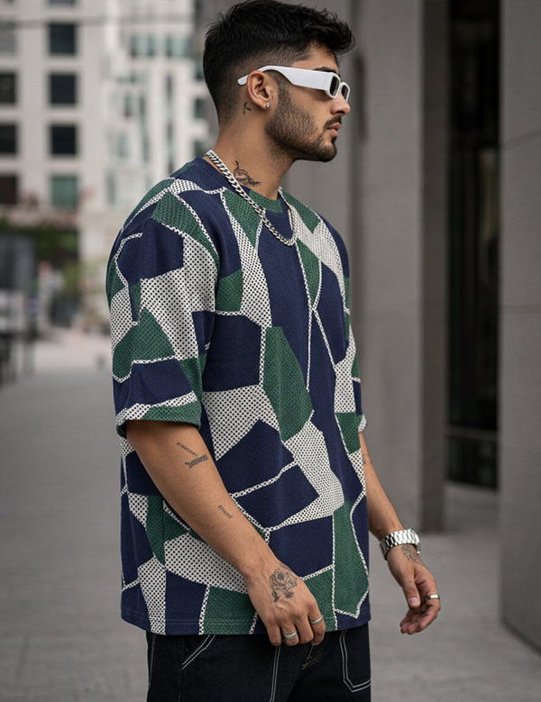 Force Self Design Men Round Neck Green, Multicolor T-Shirt