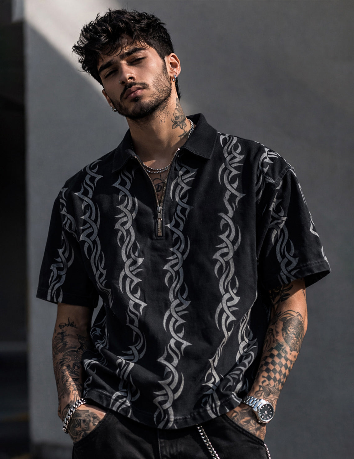 Force Printed Men Zip Neck Black T-Shirt