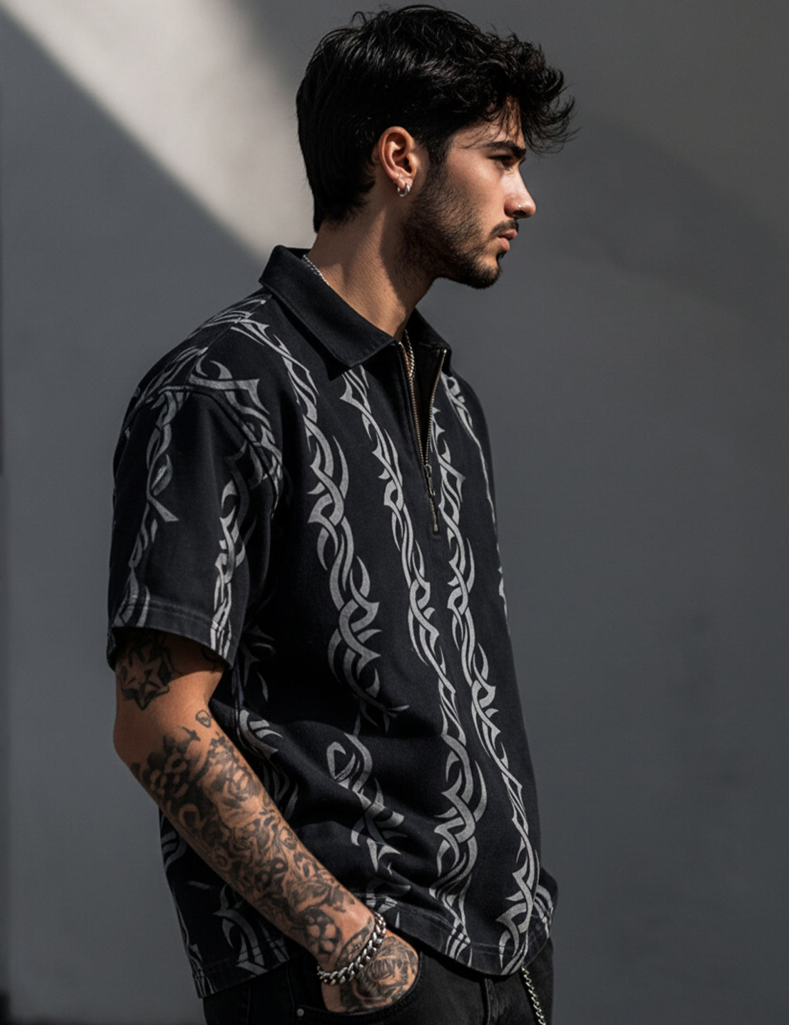 Force Printed Men Zip Neck Black T-Shirt