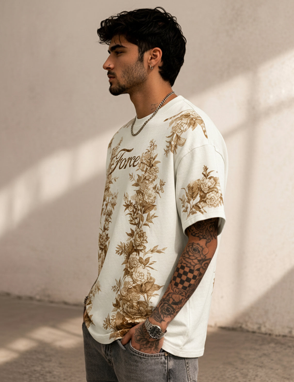 Force Printed Men Round Neck Beige T-Shirt