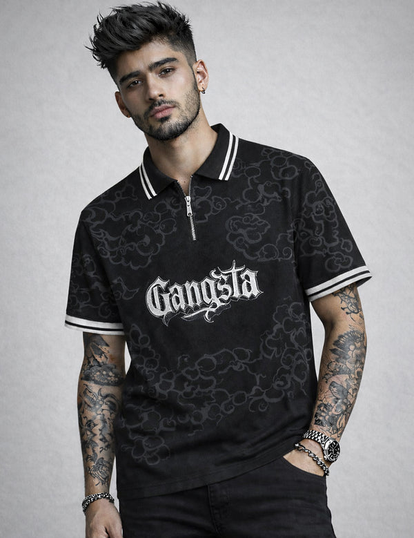 Force Printed Men Zip Neck Black T-Shirt
