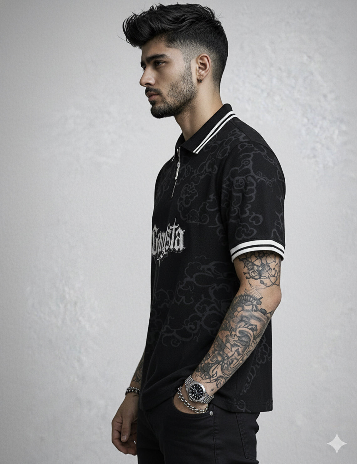 Force Printed Men Zip Neck Black T-Shirt