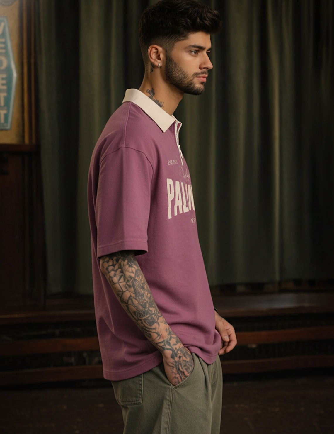 Force Printed Men Zip Neck Pink T-Shirt