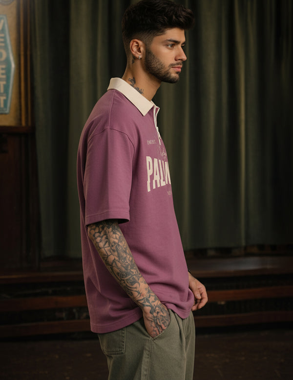 Force Printed Men Zip Neck Pink T-Shirt
