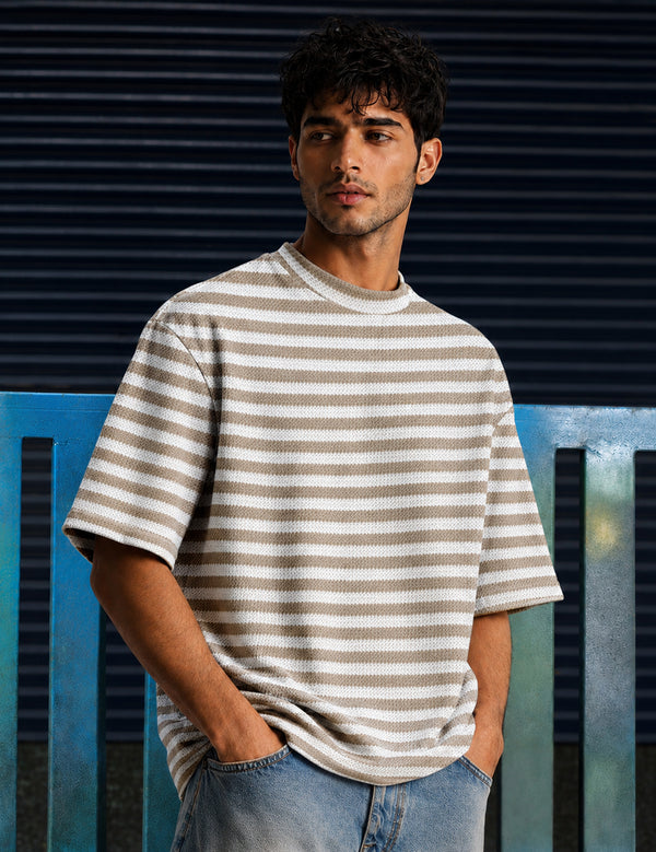 Force Striped Men Round Neck Brown T-Shirt