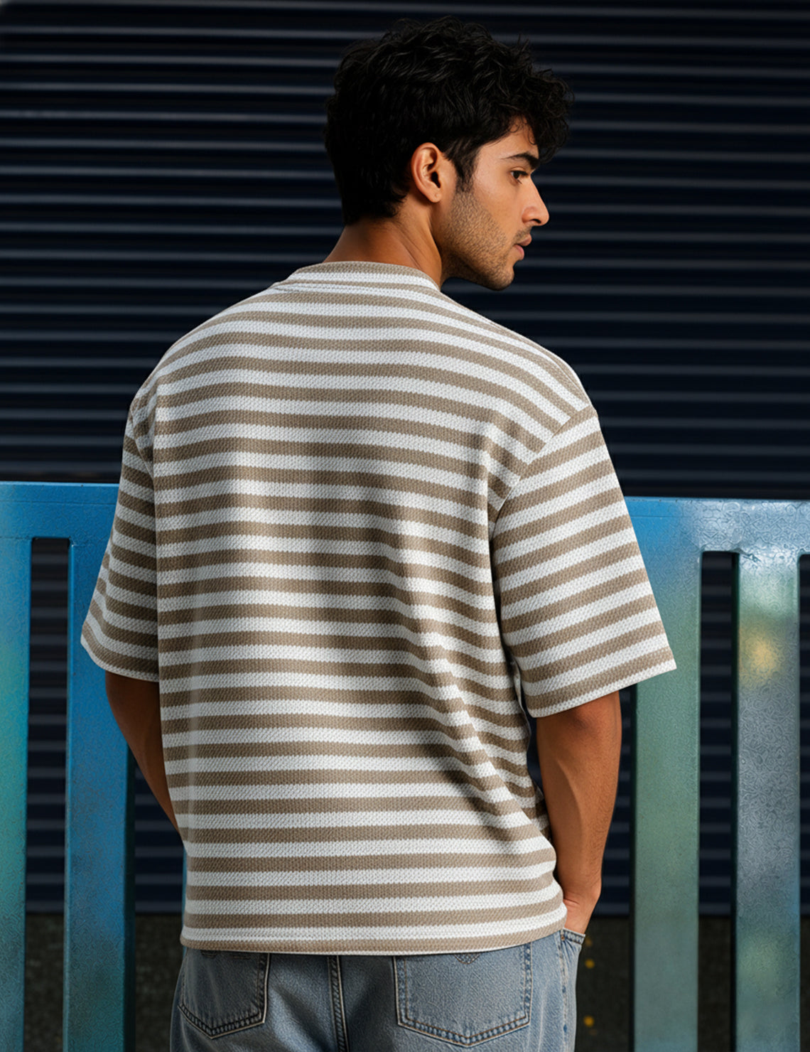 Force Striped Men Round Neck Brown T-Shirt