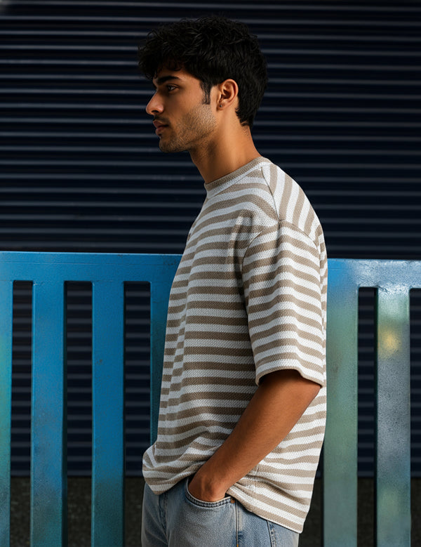 Force Striped Men Round Neck Brown T-Shirt