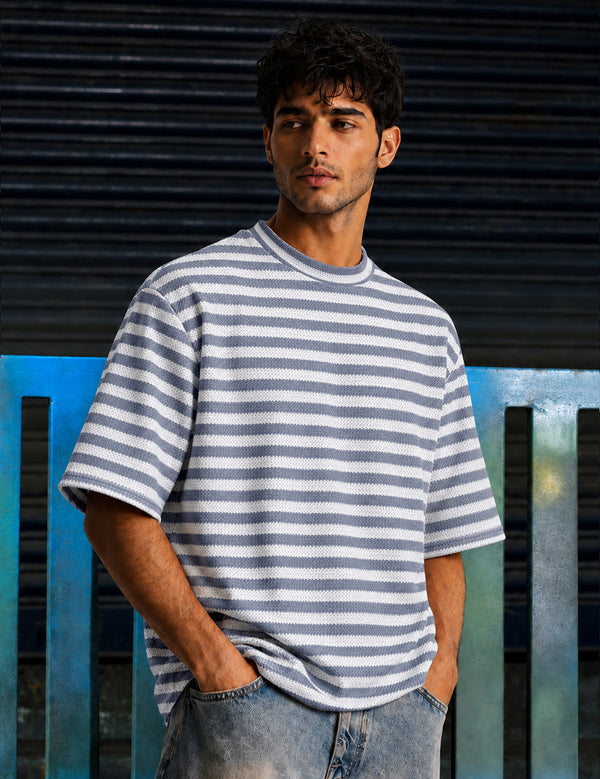 Force Striped Men Round Neck Grey T-Shirt