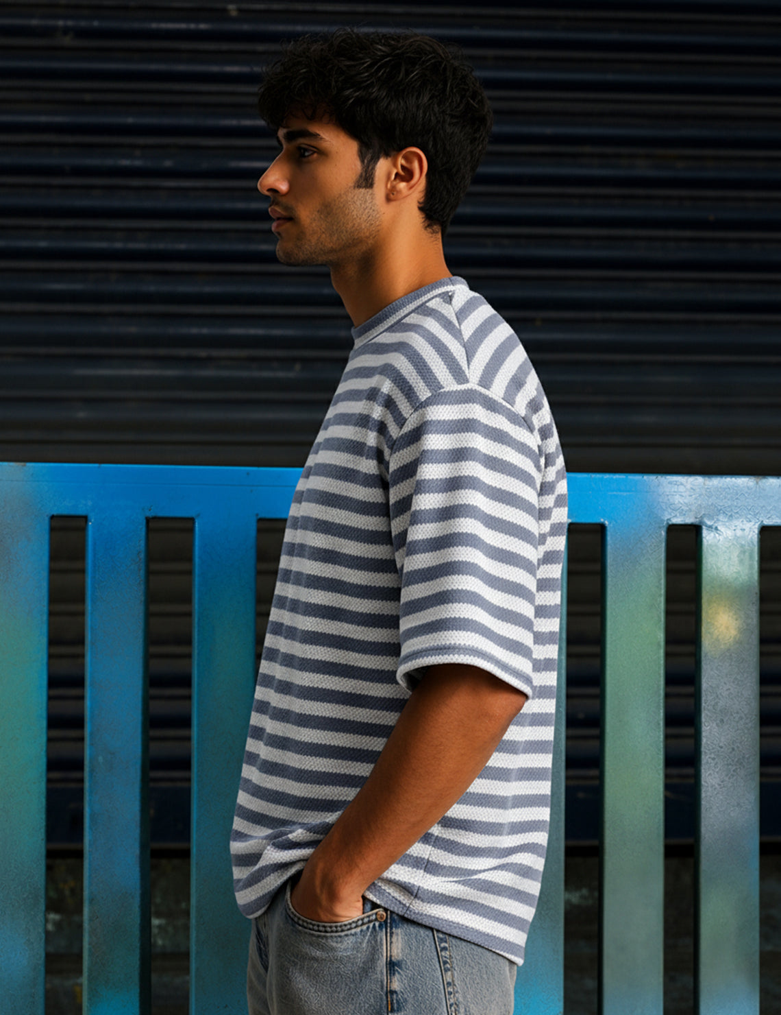 Force Striped Men Round Neck Grey T-Shirt