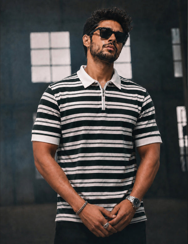 Force Striped Men Polo Neck Dark Green T-Shirt