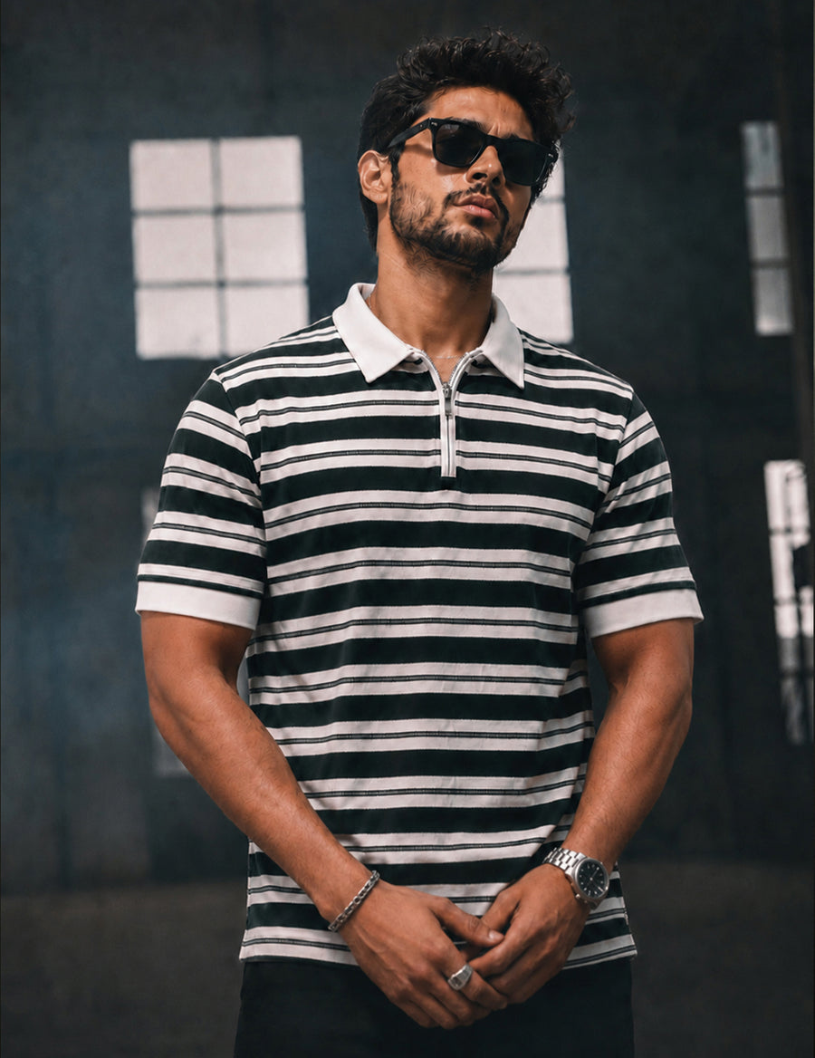 Force Striped Men Polo Neck Dark Green T-Shirt