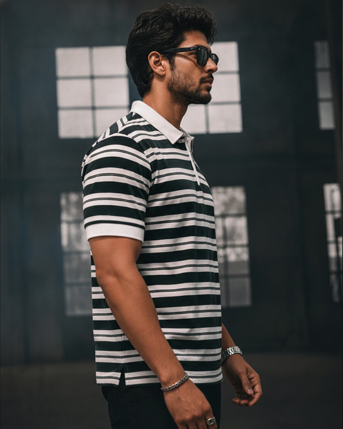 Force Striped Men Polo Neck Dark Green T-Shirt