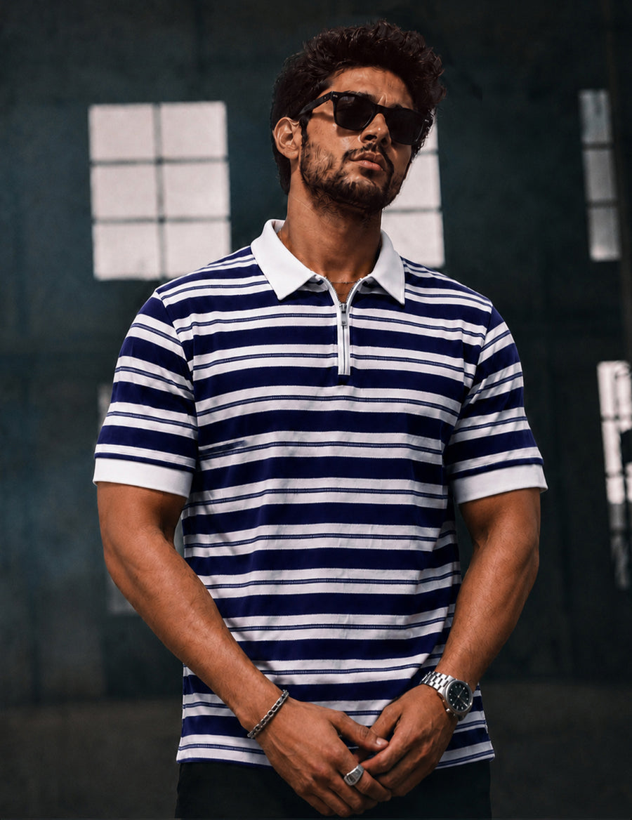 Force Striped Men Polo Neck Purple T-Shirt