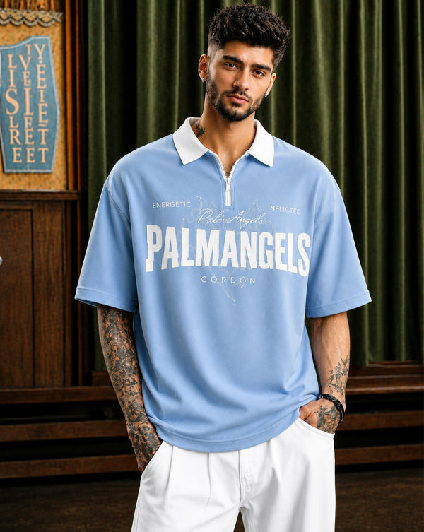 Force Printed Men Polo Neck Light Blue T-Shirt