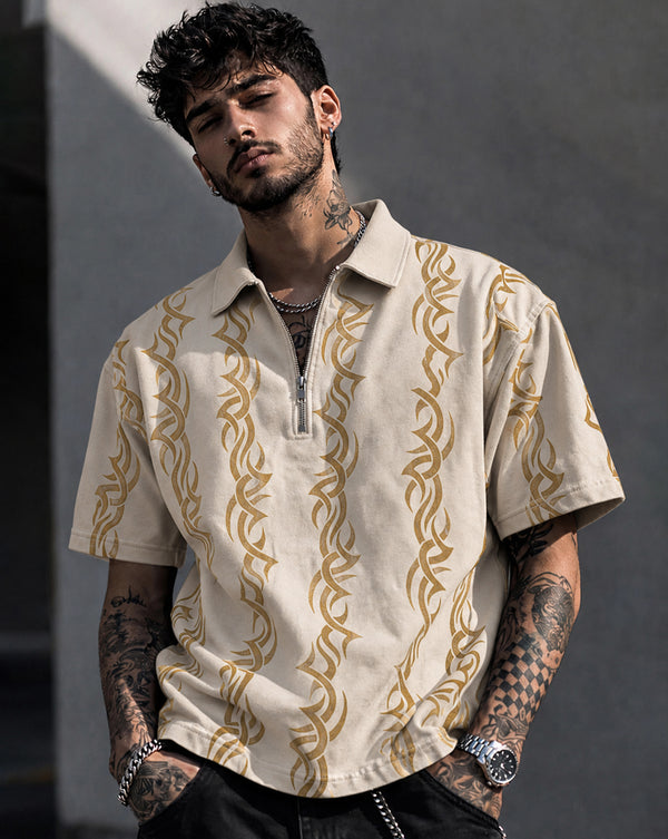 Force Printed Men Polo Neck Beige T-Shirt