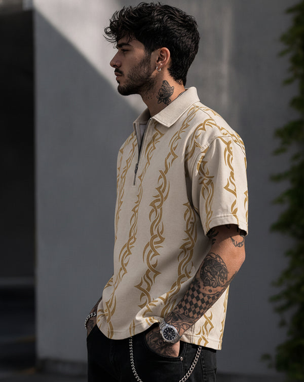 Force Printed Men Polo Neck Beige T-Shirt