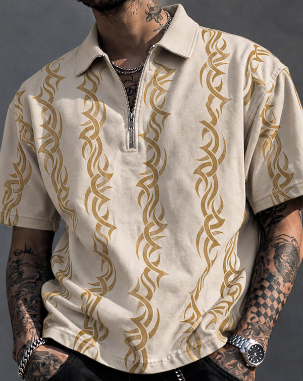 Force Printed Men Polo Neck Beige T-Shirt