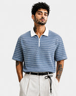 Force Striped Men Polo Neck Blue T-Shirt