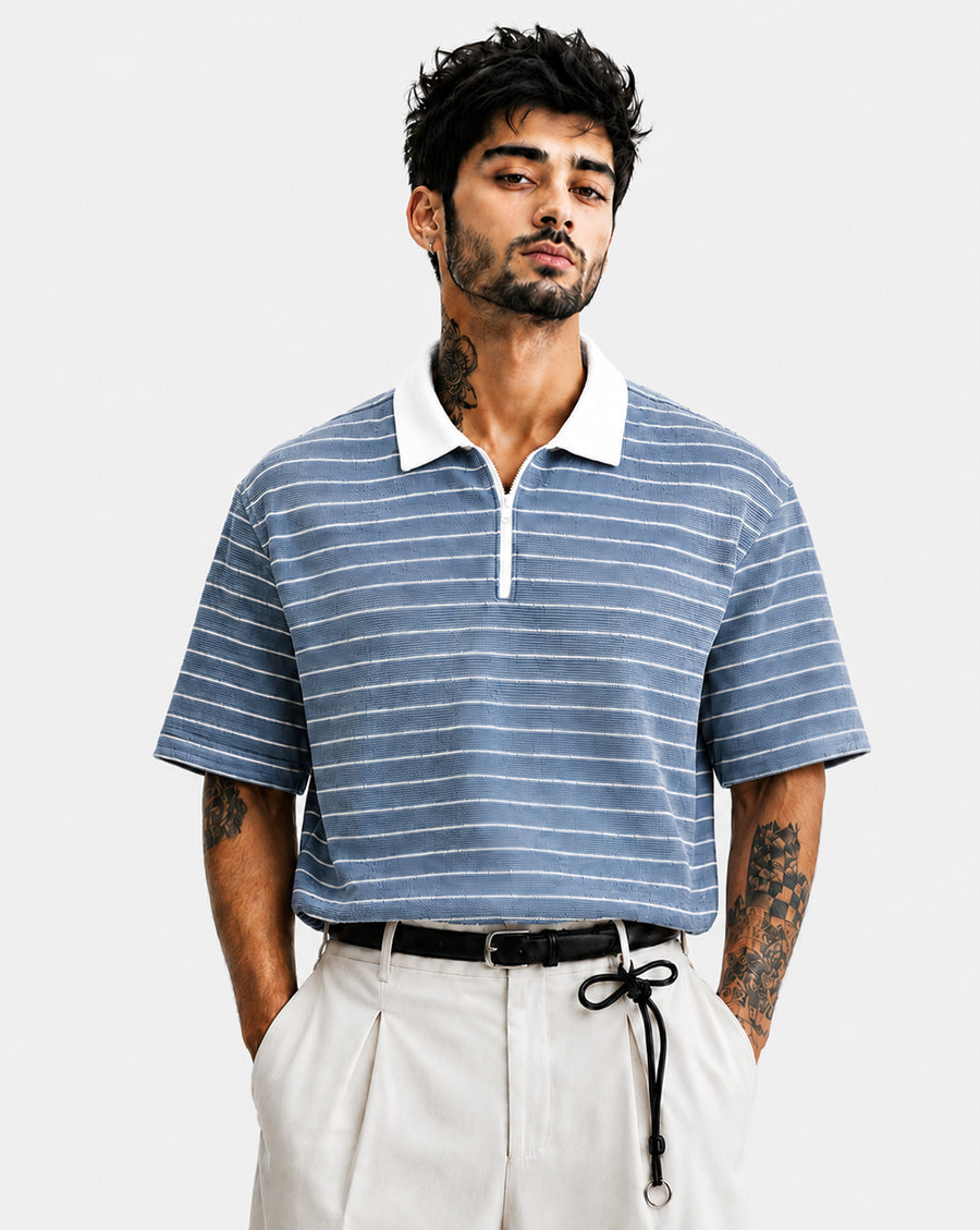 Force Striped Men Polo Neck Blue T-Shirt