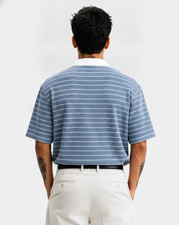 Force Striped Men Polo Neck Blue T-Shirt
