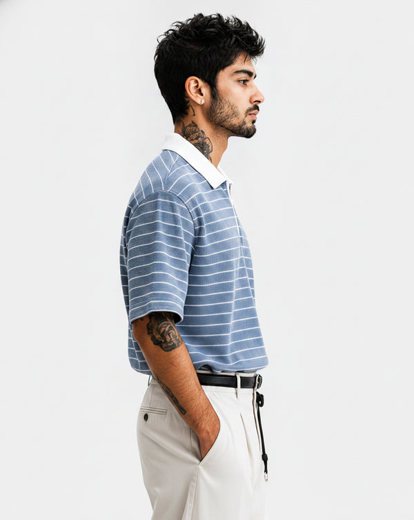 Force Striped Men Polo Neck Blue T-Shirt