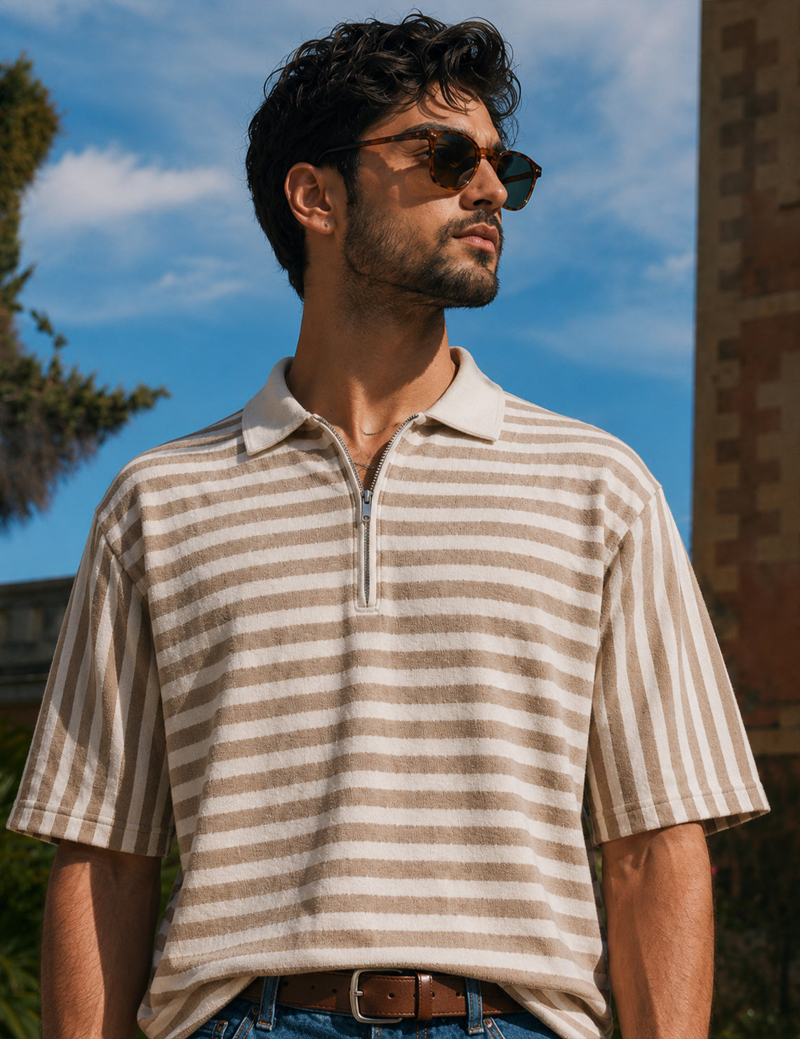 Force striped Men Zip Neck Brown T-Shirt