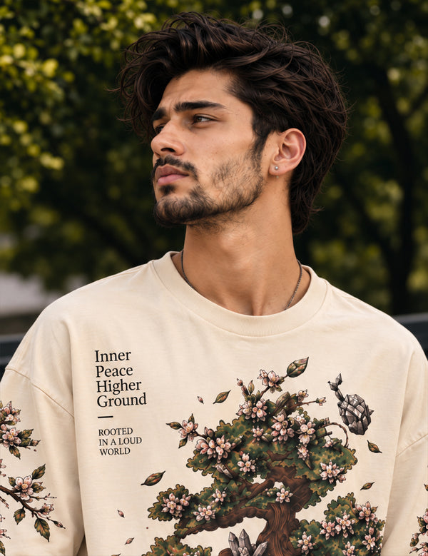 Zen Bloom – Cream Bonsai Graphic Oversized Half-Sleeve T-Shirt