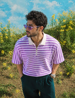 Force striped Men Zip Neck Pink T-Shirt