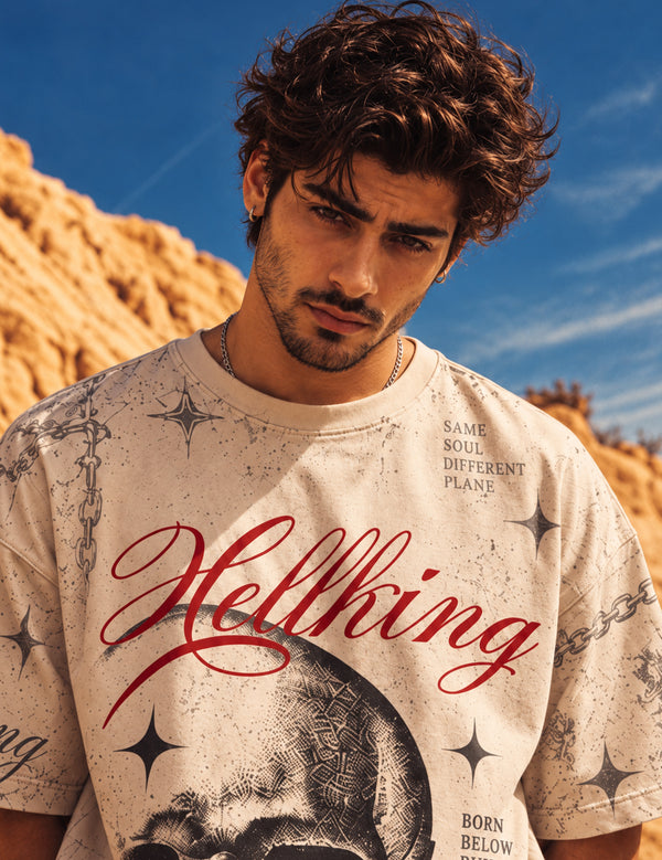 Hellking – Beige Skull Graphic Oversized Half-Sleeve T-Shirt