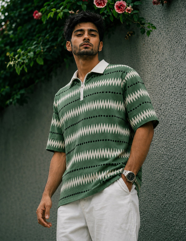 Force Printed Men Zip Neck Green T-Shirt