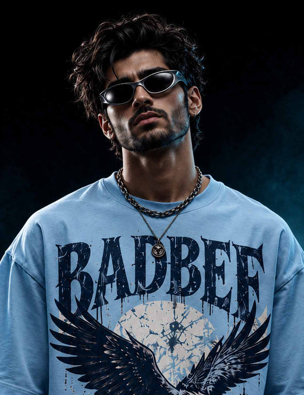 Sky Reign – Sky Blue Eagle Graphic Oversized Half-Sleeve T-Shirt