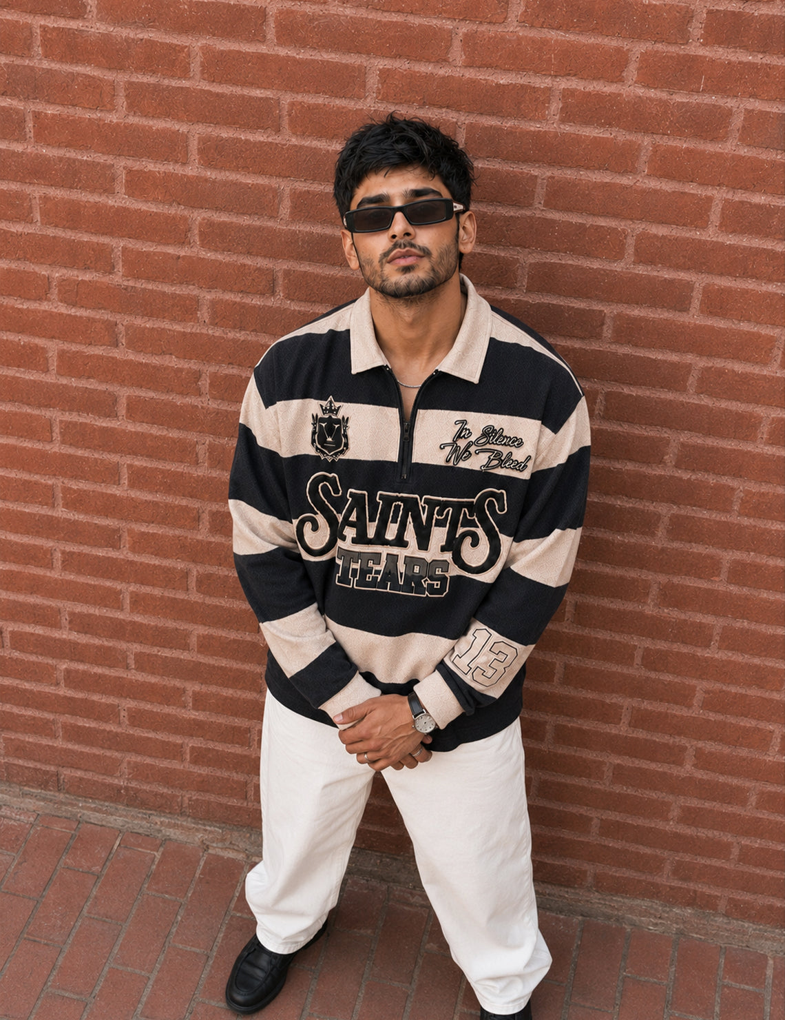 Force Printed Men Zip Neck Beige T-Shirt