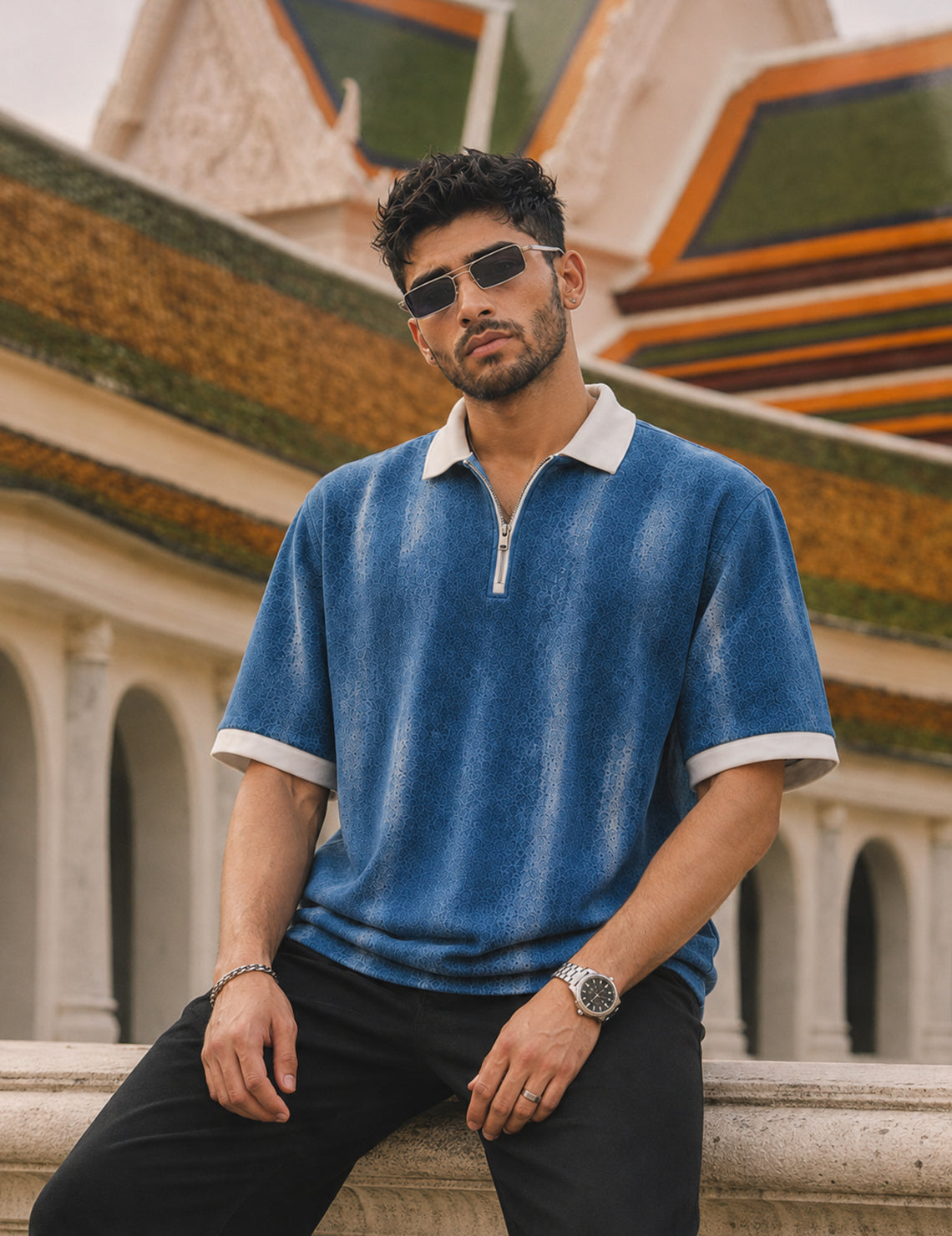 Force Printed Men Zip Neck Blue T-Shirt