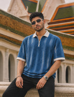 Force Printed Men Zip Neck Blue T-Shirt