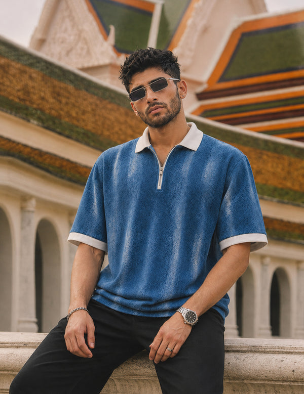 Force Printed Men Zip Neck Blue T-Shirt