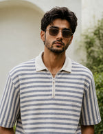 Force striped Men Zip Neck Blue T-Shirt