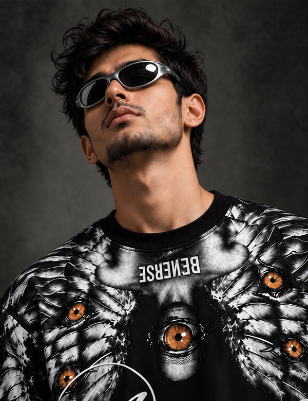 Seraphic Vision – Black Angel Graphic Half-Sleeve T-Shirt