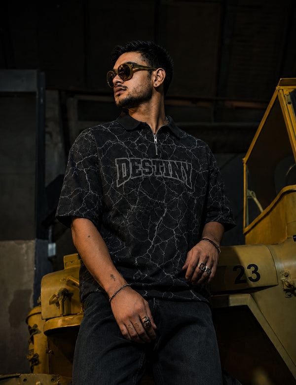 Force Printed Men Zip Neck Black T-Shirt
