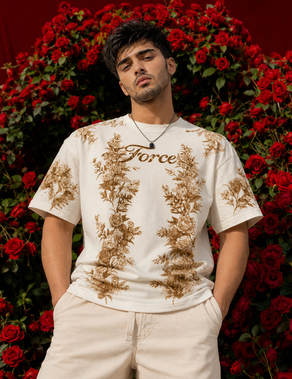 Force Printed Men Round Neck Beige T-Shirt