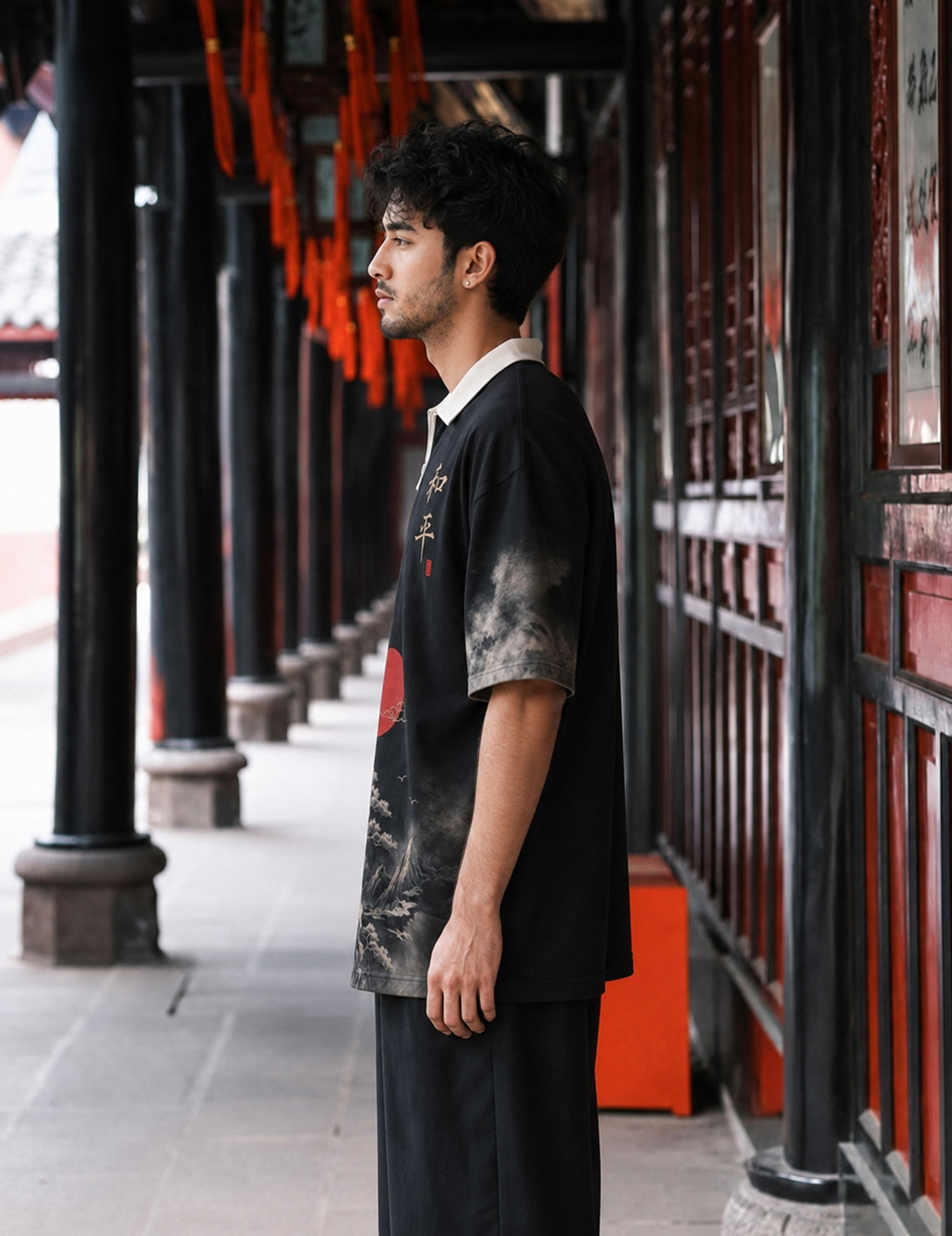 Force Printed Men Zip Neck Black T-Shirt