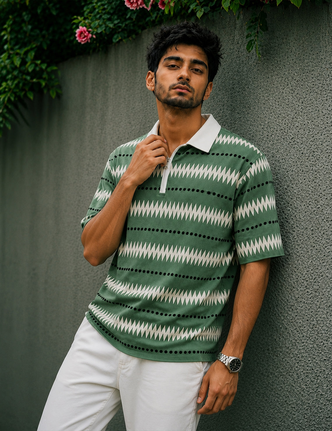 Force Printed Men Zip Neck Green T-Shirt