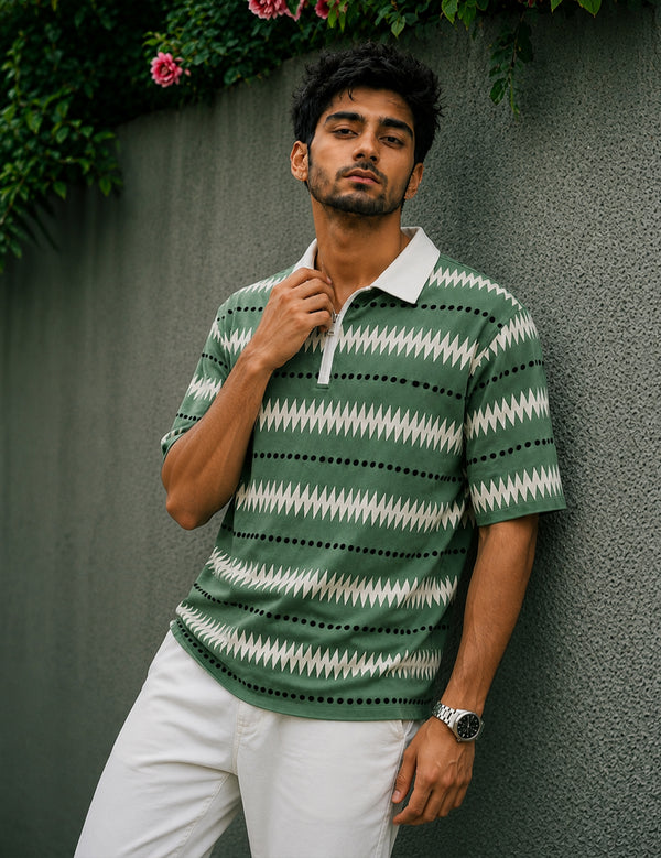 Force Printed Men Zip Neck Green T-Shirt