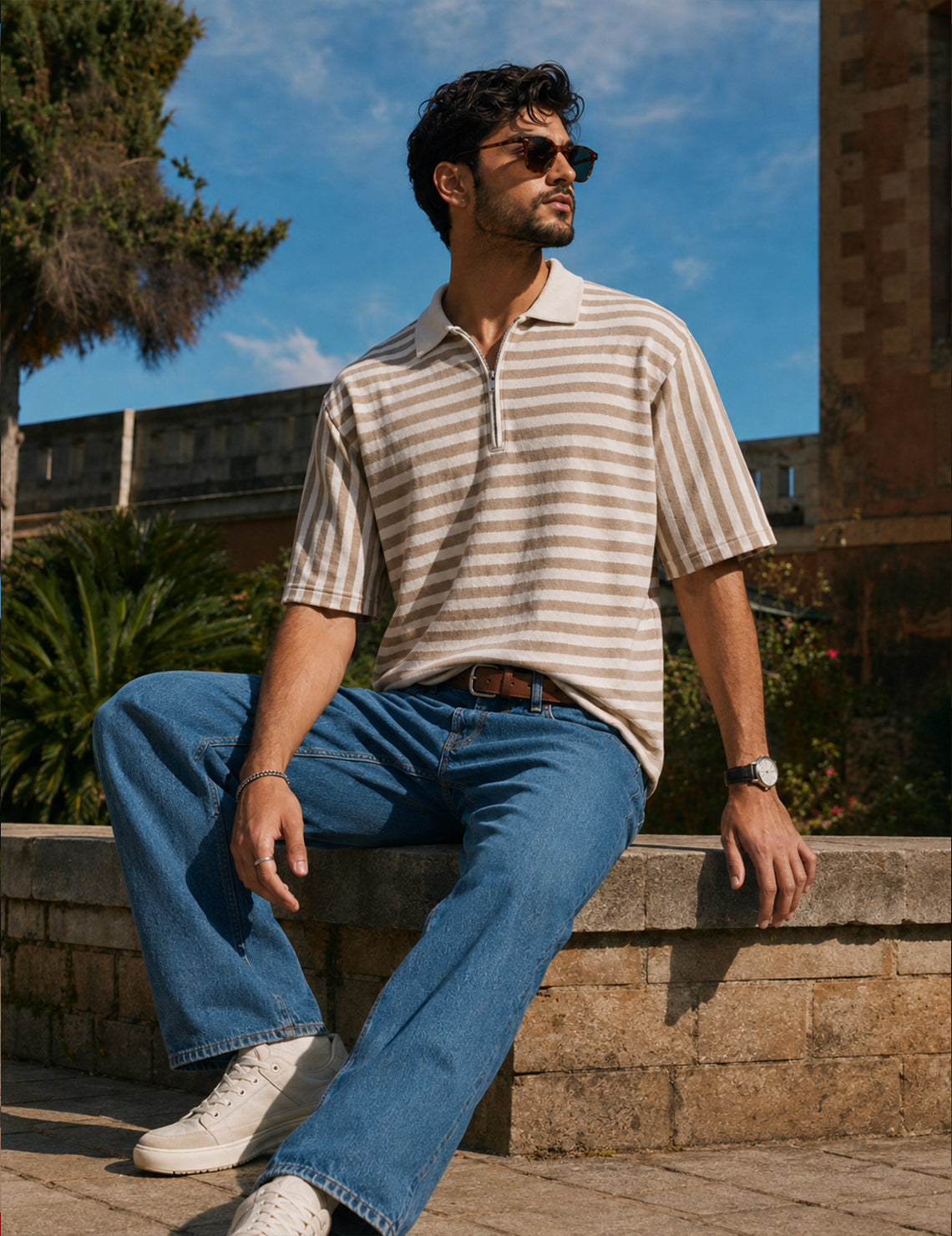 Force striped Men Zip Neck Brown T-Shirt