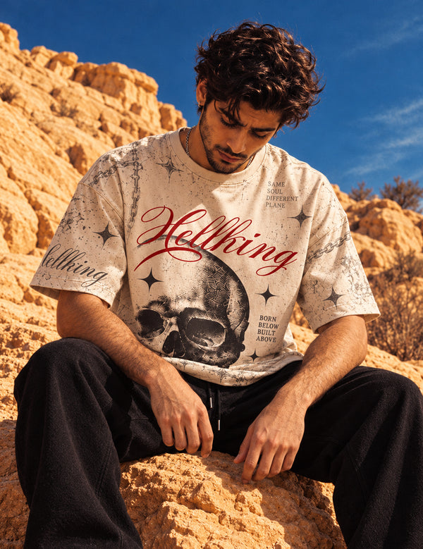 Hellking – Beige Skull Graphic Oversized Half-Sleeve T-Shirt