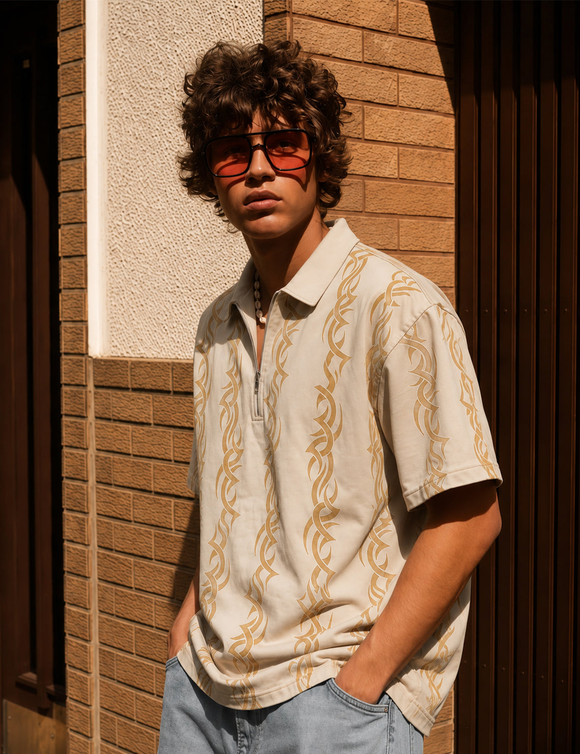 Force Printed Men Polo Neck Beige T-Shirt