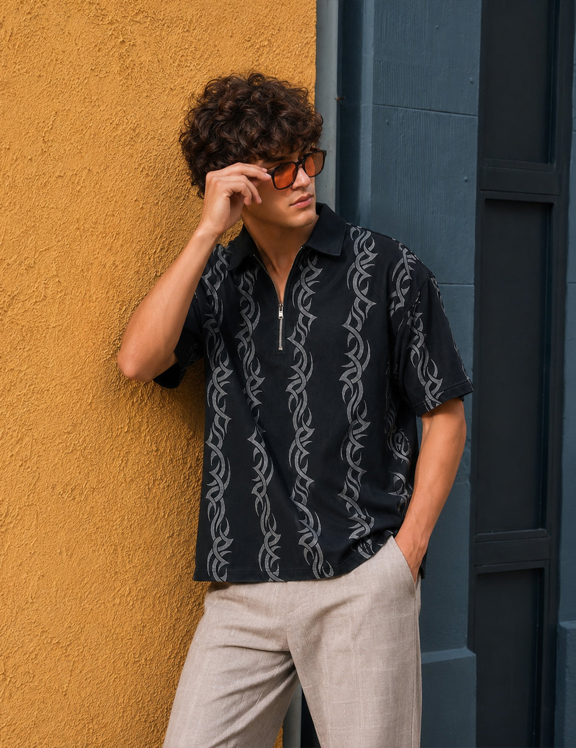 Force Printed Men Zip Neck Black T-Shirt