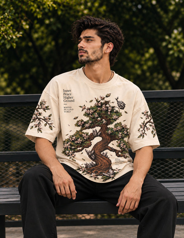 Zen Bloom – Cream Bonsai Graphic Oversized Half-Sleeve T-Shirt