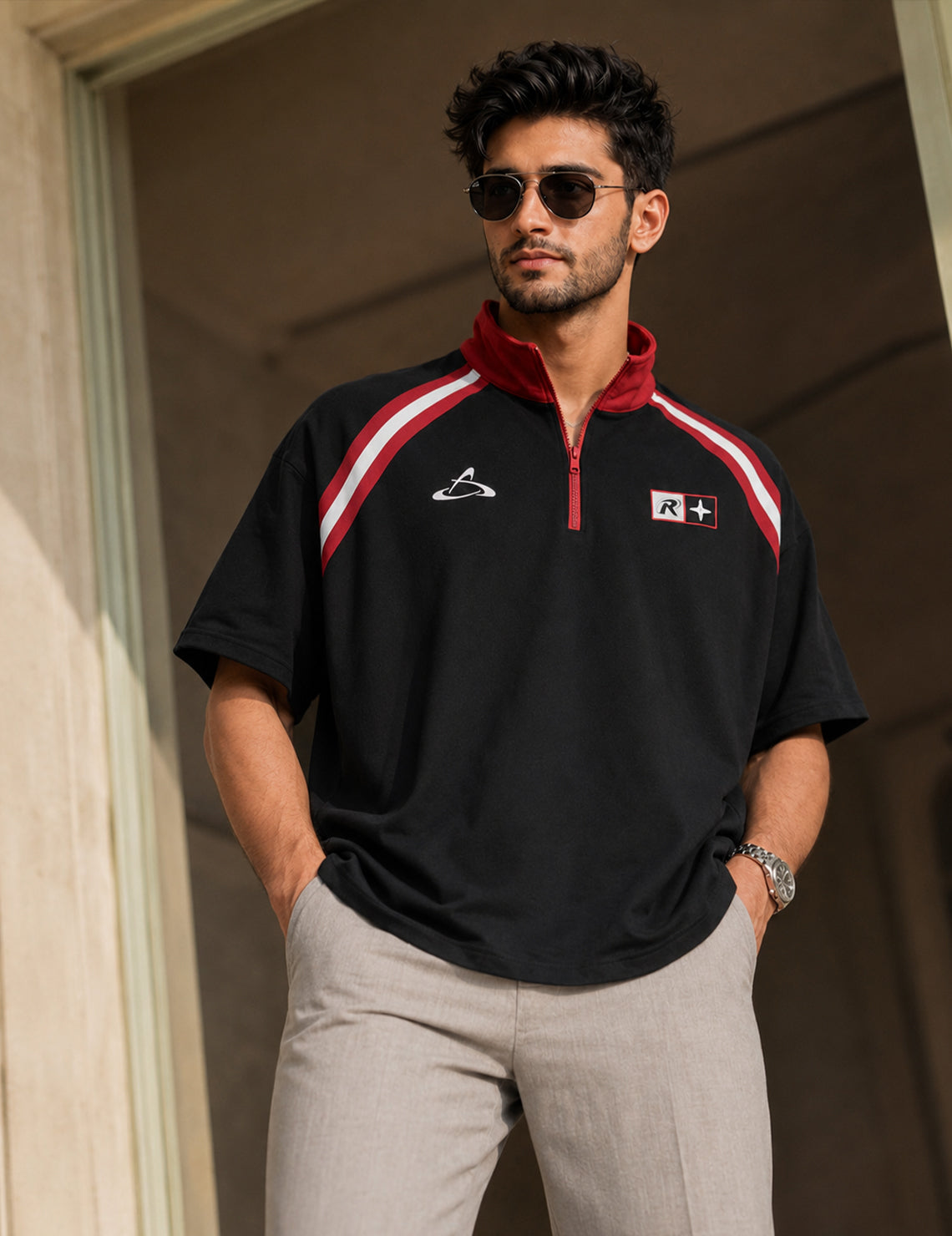 Force Printed Men Zip Neck Black T-Shirt