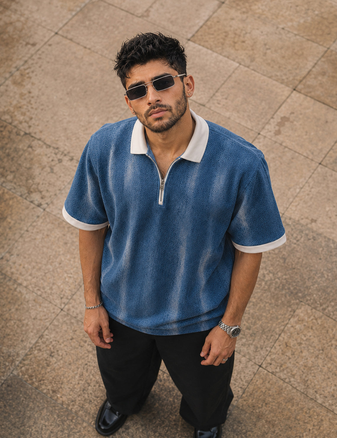 Force Printed Men Zip Neck Blue T-Shirt